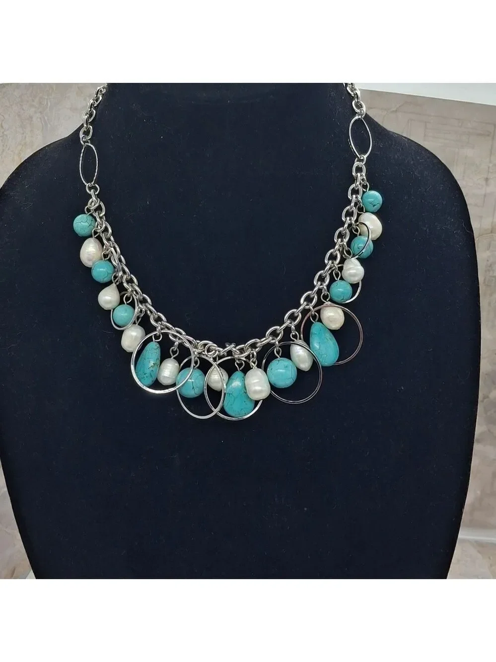 Genuine Pearls Silvertone and Turquoise Colored Howlite Beaded Necklace